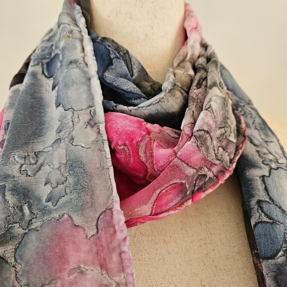 Y2k Velvet Burnout Scarf Pink Black Festival Wear Boho Fringe - Picture 5 of 5